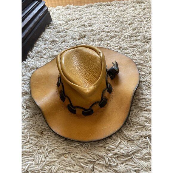 Mens Outback Hat Woven Embossed Tan Hard Leather Cowboy Black Australian - Picture 7 of 13